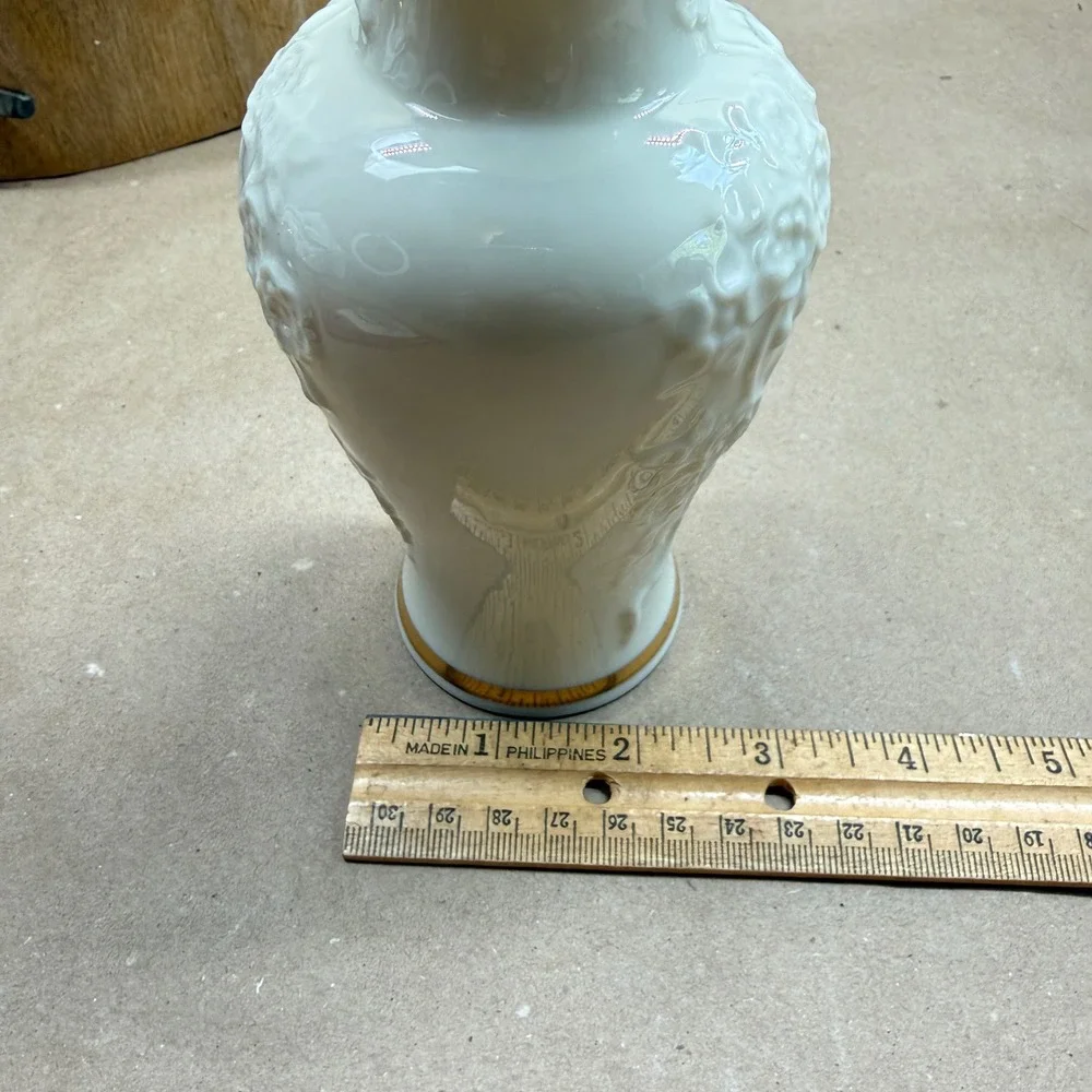Lenox Ming Blossom Vase Cream Porcelain 24K Gold Trim Raised Floral 6 Inch